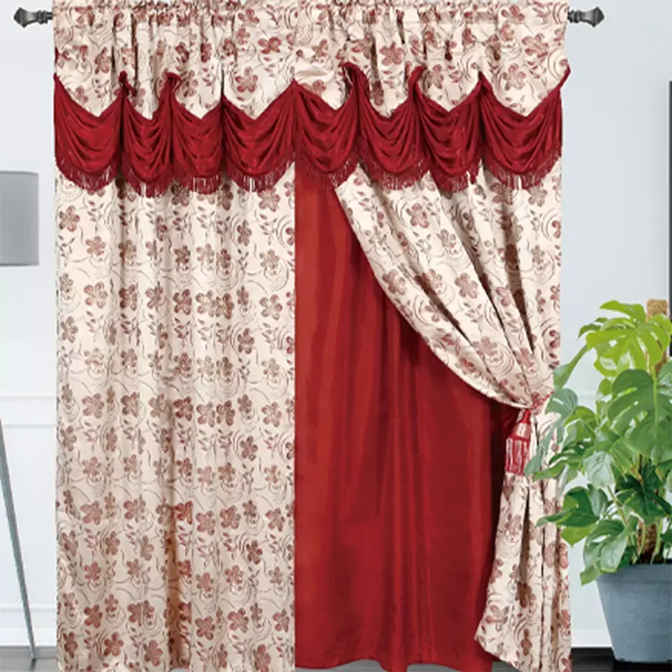 American style two layer luxury window floral valance jacquard curtain ready made wholesale living room hotel curtain factory