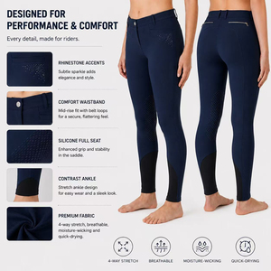 Culotte d'équitation pour femme avec assise intégrale en silicone, taille mi-haute, ornée de strass, extensible dans 4 directions, anti-humidité, type Jodhpurs - Product Image 1