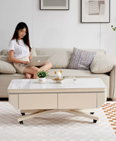 Table basse électrique moderne Voxhome avec plateau en verre, tiroirs de rangement et roulettes pour le mobilier de salon