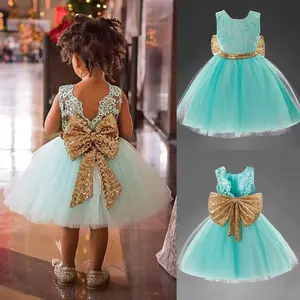 Robe longue en dentelle pour petite fille, tenue de fête de mariage, en Tulle, nœud brillant, vente en gros