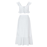 Ensemble de 2 pièces d'été personnalisé en coton blanc pour femmes, col en V sans manches, débardeur côtelé, jupe midi moulante, ensemble de robe d'été
