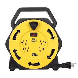 18m/25m/33m retractable extension cord reel with 4 power sockets and 2 portable cable reels with USB ports