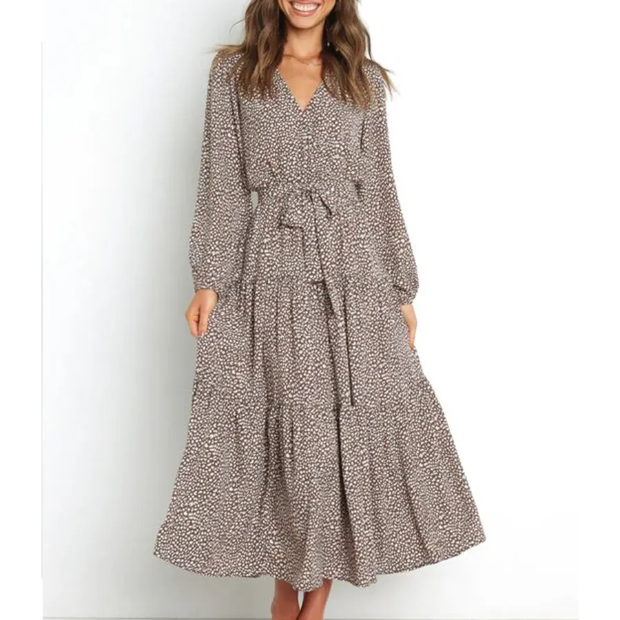 OEM ODM Long Sleeve Midi Dress Printed V-Neck Swing Bohemian Floral Dress Summer Clothes Elegant Casual Fall Dresses for Women