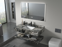 Meuble-lavabo mural double couche de luxe moderne aspect marbre foncé avec miroir LED rétroéclairé multicolore pour salle de bain