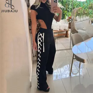 Combinaison pantalon bandage à lacets sexy tenue de club de fête 2 pièces pour femmes body sans manches et pantalon droit ensemble assorti