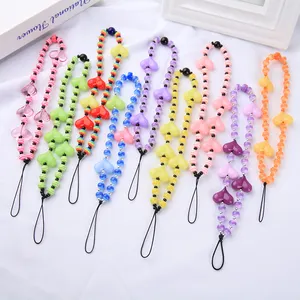 2021 New Fashion Pink Heart Beads Acrylic Cute Long Beaded Cell Mobile Phone Chain Charm Strap Case Rope Holder Accessories Key