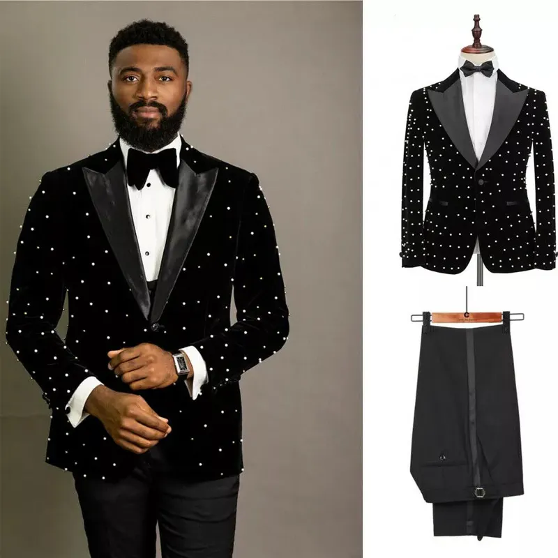 HD287 çarpıcı boncuklu erkekler takım elbise Slim Fit siyah kadife düğün smokin 2 parça afrika moda ceket pantolon ile damat giyim 2023