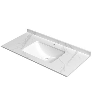 Vasque murale de salle de bain <span class=keywords><strong>en</strong></span> quartz, style hôtelier moderne et minimaliste, avec lavabo intégré et finition mate - Product Image 5