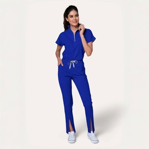 Women's Short Sleeve <b>Scrub</b> Set Solid Color Moisture Wicking Knitted Hospital Uniforms Split Set For Nurses Work <b>Clothes</b> - Product Image 2