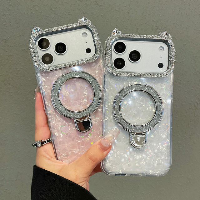 Stylish Electroplated Large Frame 3D Cat Ears Phone Case With Stand for iPhone 17/17 Pro/17 Pro Max/16/15/14/13