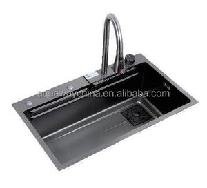 Évier de cuisine intégré rectangulaire noir nano fait main à cuve unique avec égouttoir inclus et valve en acier inoxydable - Product Image 2