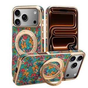 Coque de téléphone Denior Premium à motif papillon pour iPhone avec panneau arrière en liège, support anneau et pare-chocs électroplaqué - Product Image 2