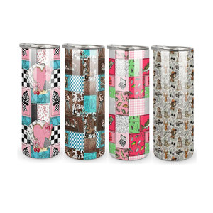 Gobelet isotherme personnalisé en acier inoxydable de 20 oz, motif patchwork western, avec paille et couvercle, pour café et voyage - Product Image 1