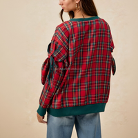 Sweat-shirt à carreaux rouges pour femme, vert, à volants, col en V, manches ballon, style preppy, décontracté, pour Noël