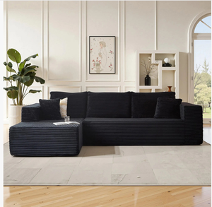 Sofá seccional de pana verde oscuro, tapizado en tela, en forma de L, de tres plazas, para sala de estar, mueble moderno para el hogar. - Product Image 3
