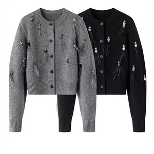 Women's Knit <b>Cardigan</b> <b>Sweater</b> With Feather Tassel Embroidery Loose Fit Single Breasted Full Sleeve Medium Thickness Anti-Pilling - Product Image 1