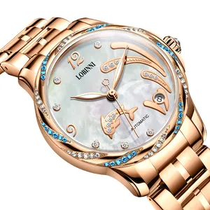 LOBINNI-reloj mecánico automático para mujer, oro rosa, cristal de delfín único, a la moda, acero inoxidable 2060, redondo, 2020