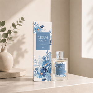 Aikun MOQ30pcs Blue White 80ml Round Glass <b>Bottle</b> Floral Box Transfer Logo Custom Scent Aroma Reed <b>Diffuser</b> Set for Online Store - Product Image 1