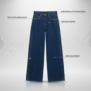 Jeans da donna alla <span class=keywords><strong>moda</strong></span> 2026 a <span class=keywords><strong>vita</strong></span> <span class=keywords><strong>bassa</strong></span>, larghi e casual, con borchie laterali, in denim blu scuro, a gamba larga, lavabili - Product Image 2
