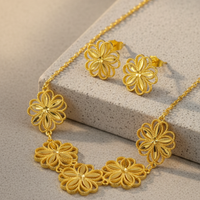 Conjunto de Joyería de Flores con Filigrana Chapada en Oro de 24K de Dubái, Collar y Aretes Florales de Margarita Árabe del Medio Oriente para Mujer, Regalo de Eid