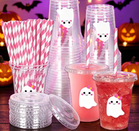 Lot de gobelets jetables en plastique PET avec couvercles et pailles – Adorables gobelets effrayants pour les fournitures de fête d'Halloween et d'anniversaire