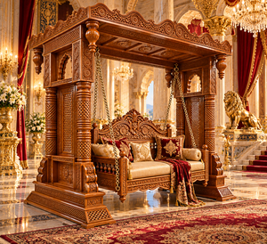 Balançoire Mandap Jhula en bois artisanale, traditionnelle indienne, suspendue, avec un design sculpté complexe, mobilier d'extérieur, pour 3 personnes, en tissu - Product Image 2