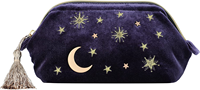 Sac à cosmétiques pratique avec pompons, velours bleu marine brodé, application lune étoiles, soleil, maquillage, sac à perles, fermeture éclair, pochette de rangement pour esthéticienne