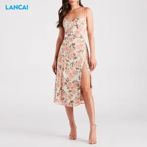 2023 vestido de verano personalizado elegante para mujer Maxi vestido informal para mujer con correa de cabestrillo patrón Floral diseño dividido para mujer