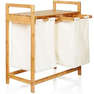 竹棚付きランドリーバスケット2セクション取り外し可能なランドリーソーターバッグ洗濯室用の二重衣類障害物