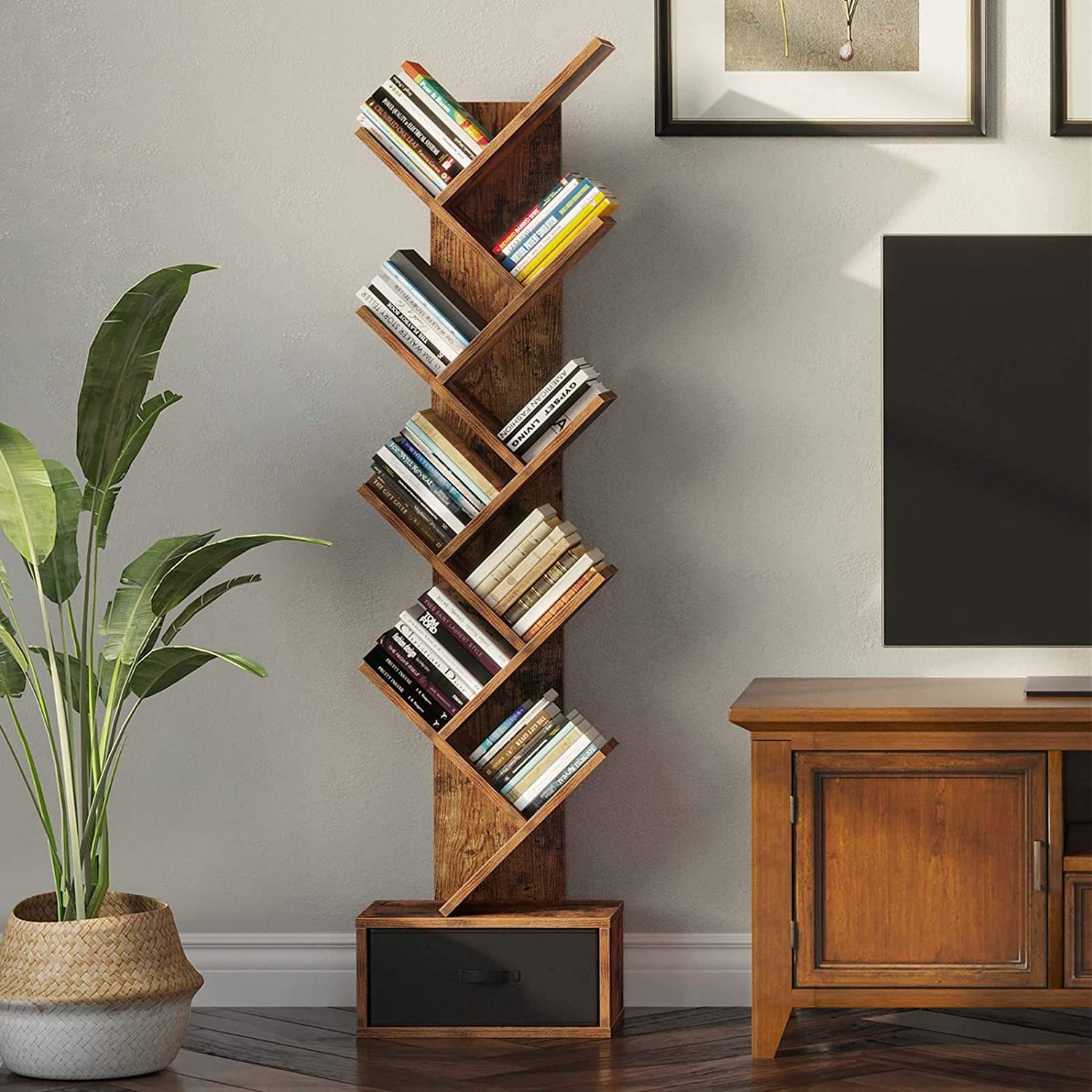 Tree Shelf with Drawer 8-tier Country Brown Bookcase Retro Wood Storage Rack for CD/Movie/Book Useful Storage Living Room Home