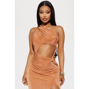 Nouvelle Robe Longue de Soirée Élégante pour Femme en Velours Tricoté, Coupe Asymétrique à Une Épaule, Fente Haute et Détails Noués, Qualité Supérieure - Product Image 3