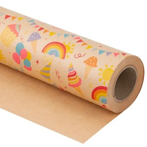 Rollo de Papel Kraft Recubierto por Ambos Lados, Reciclable, Diseño de Globos de Helado Arcoíris, Banderas para Fiestas, Embalaje Ecológico para Regalos y Manualidades - Product Image 1