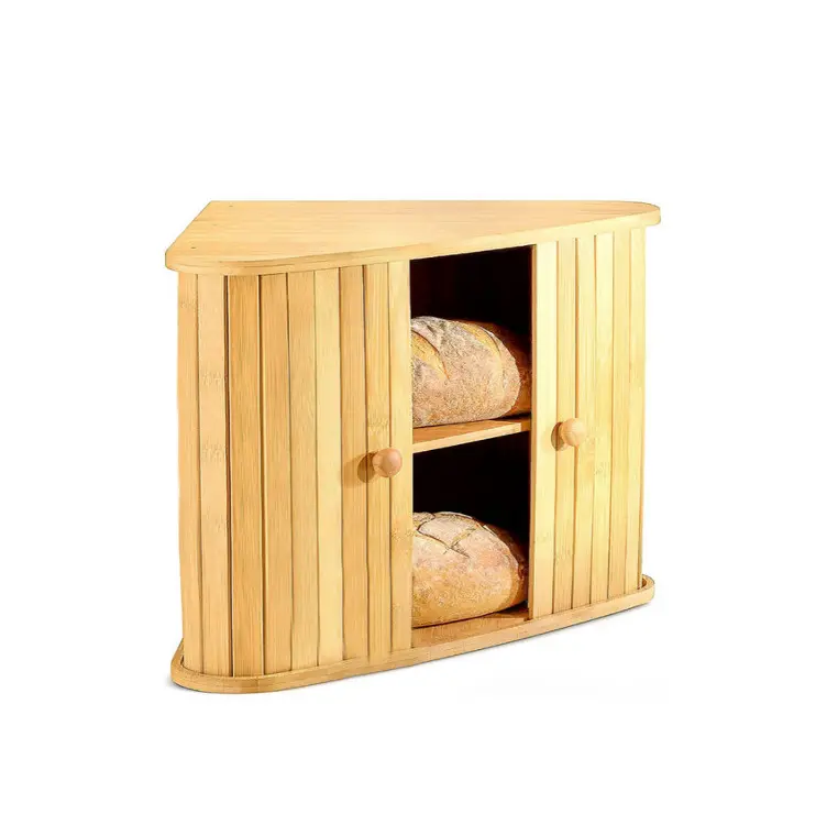 Kotak penyimpanan roti bambu, wadah dapur, kotak sudut meja kayu