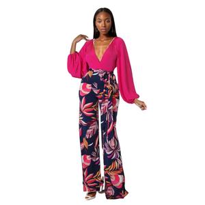 High Quality <b>Sexy</b> Deep V Puff Sleeve Crop Top Leaf Print 2 Piece Pants <b>Set</b> Fashion - Product Image 1