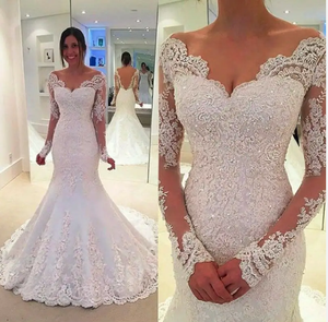 Luxury Mermaid V Neckline Sequin White Color Brazilian Long Sleeve Lace Wedding Dresses - Product Image 1