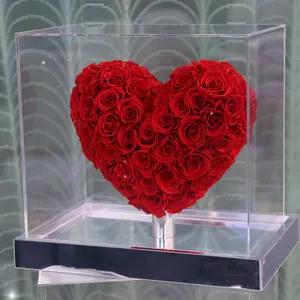 Christmas Mothers Day Gifts Wholesale Custom Heart Shape Natural Forever Eternal Preserved Roses Flower Gift in Acrylic Box
