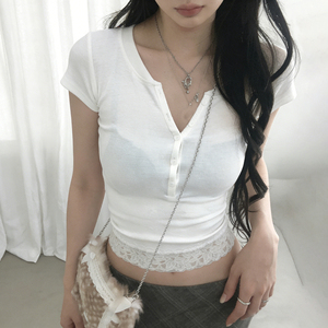 T-shirt décontracté pour femme à manches courtes, col en V, en dentelle blanche, boutonné, été, éco-responsable - Product Image 4