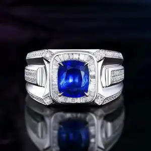 Sgaris perhiasan batu permata cincin pria 2.91CT bantal potong Natural Royal biru safir batu 18K emas putih kustom cincin pernikahan pria