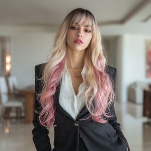 Perruque Longue Bouclée Complète Nouvelle pour Dames, Dégradé Naturel Fendu Doré Pois Rose, Fabricant de Perruques Blanches SM390 en Gros - Product Image 6