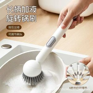 Brosse de nettoyage de cuisine rotative avec long manche pour casseroles et poêles, poils en nylon, design suspendu, vert et gris - Product Image 2
