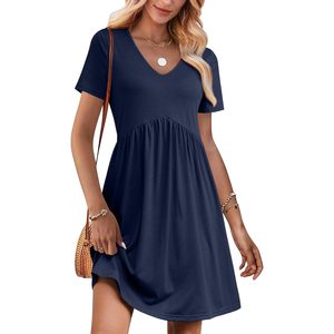 Summer <b>Dress</b> Women Short Sleeve V Neck A Line Casual Beach Vacation Outfits Breathable Woven Fabric <b>Elastic</b> Waist - Product Image 1