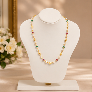 Gold Beaded <b>Necklace</b> with Pearl <b>Ruby</b> Emerald Accents Traditional Indian Lightweight Daily Wear Jewelry - Product Image 2