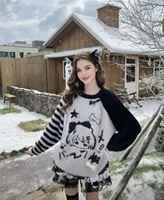 Pull en molleton à motif anime mignon - Pull rayé noir et blanc à manches raglan avec détail oreilles de chat, haut d'hiver doux pour filles