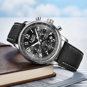 Montre homme LIGE LG89232 (43mm) en cuir, 3 sous-cadrans, phase du jour, chronographe, montres classiques pour homme, calendrier, montre-bracelet homme + boîte - Product Image 3