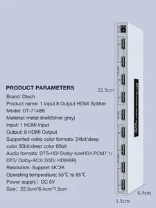 Hd Splitter DTECH Full HD 1080P 4k 30hz 8 Port Audio Video Extender 1x8 Hdmi Splitter