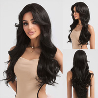Perruque synthétique noire-brun effet vague d'eau, réglable, résistante à la chaleur, cheveux bouclés et volumineux, avec filet en maille rose intégral 150%