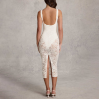 Robe midi élégante en dentelle florale, décolleté plongeant, sans manches, transparente, moulante, avec fente au dos, tenue de soirée cocktail