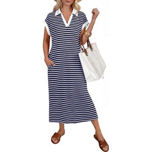 FOXA Vestido midi informal de verano para mujer, manga corta, cuello en V, corte holgado, antiarrugas, vestido de vacaciones en la playa - Product Image 1