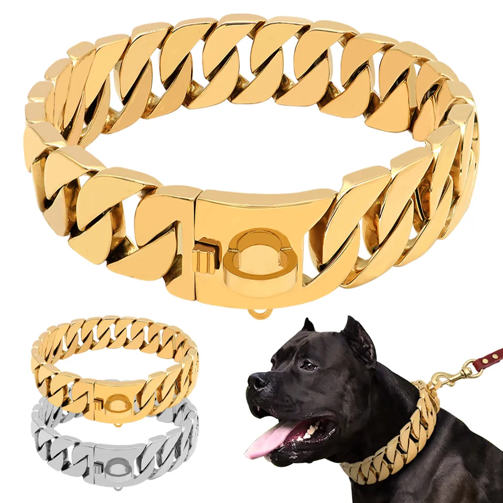 Personalized logo stainless steel pitbull dog chain collar gold hand welded 32mm dog cuban link chain