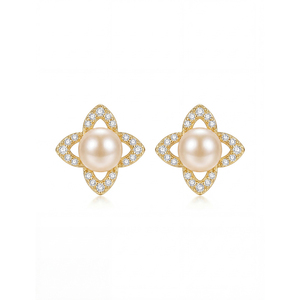 Boucles d'oreilles clous en argent S925 plaqué or 18 carats avec fleur en CZ et perle rose, bijoux élégants et luxueux pour femmes - Product Image 1